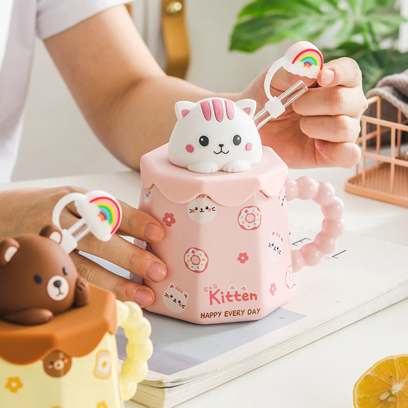 Cute Creative Ceramic Mug With Lid and Spoon - KITCHUNI